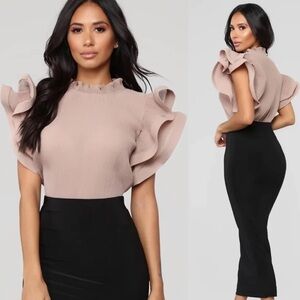 Fashion Nova Adeline Pleated Ruffle Mock Neck Bodysuit in Mocha